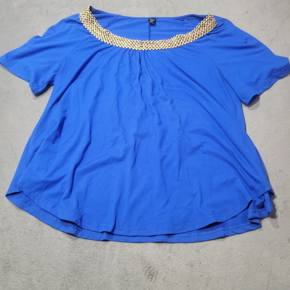 SHEIN Curve Blouse Womens 0XL Blue Gold Chain Neck Babydoll Short Sleeve Top